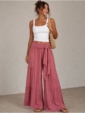 Ampersand Avenue Pink Smocked Waist Wide Leg Pants Size Small Boho Flowy Lounge
